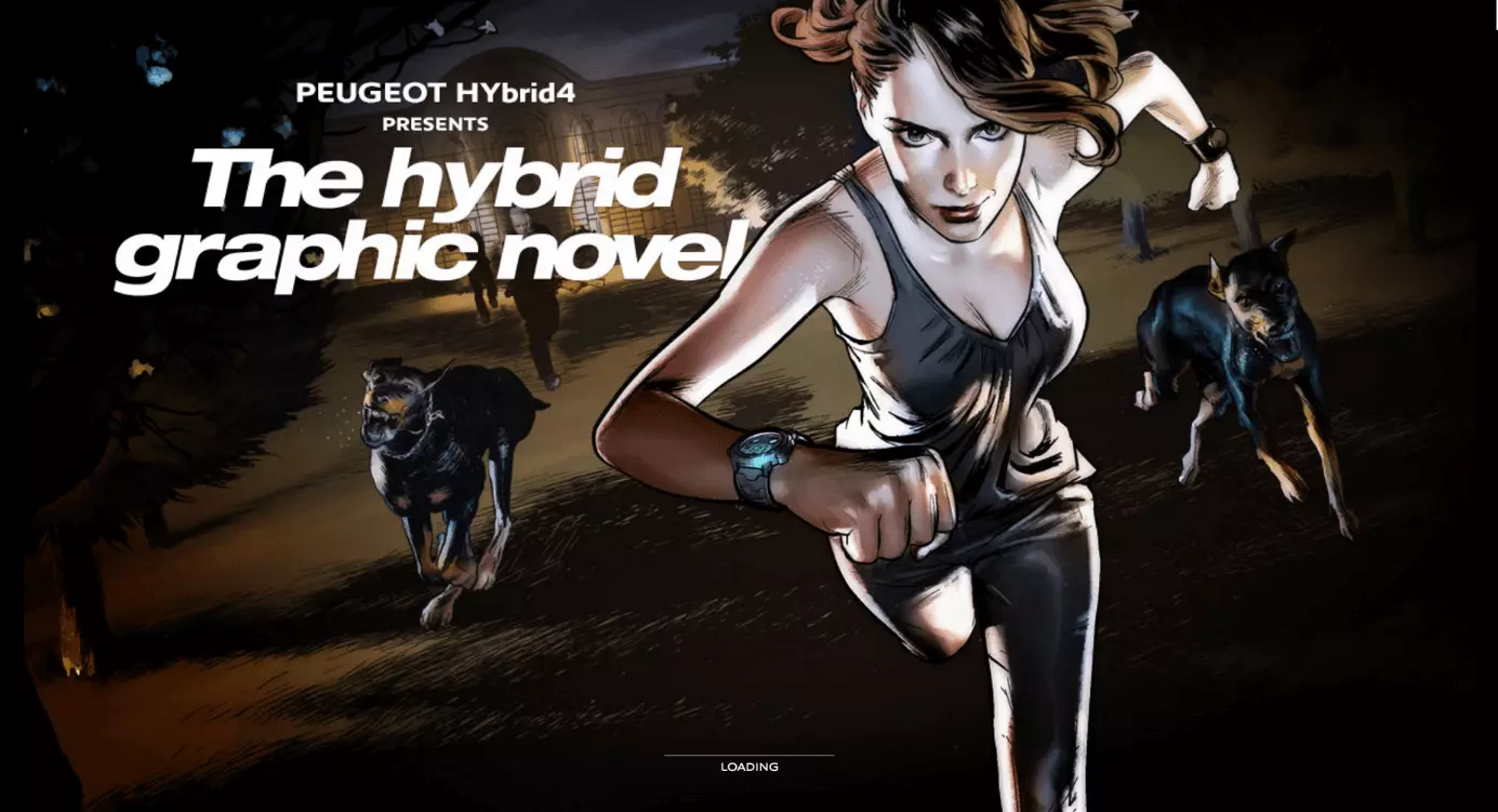 Ladebildschirm der Parallax-Website graphicnovel-hybrid4.peugeot.com