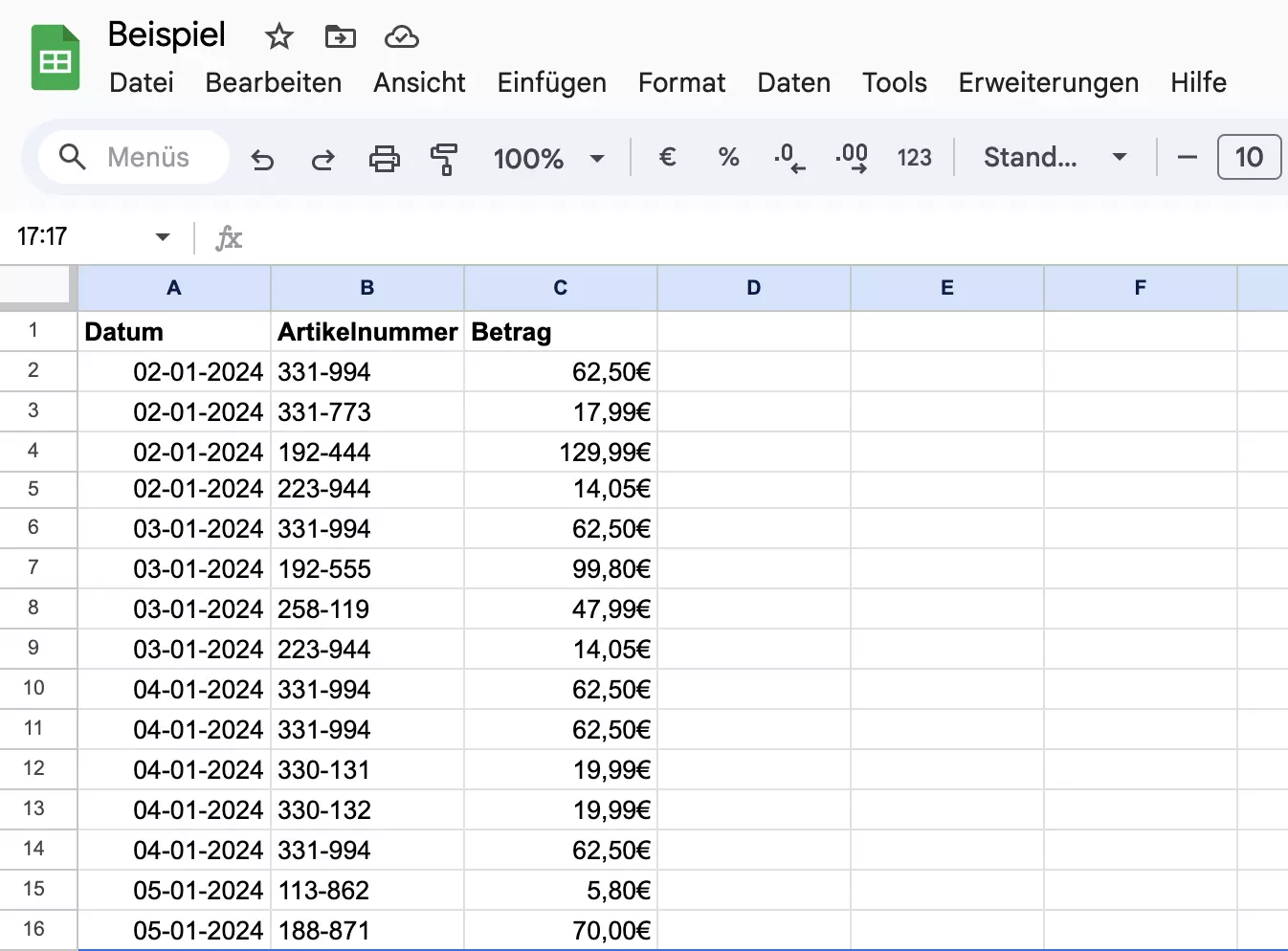 Screenshot der Tabelle ohne leere Zeilen