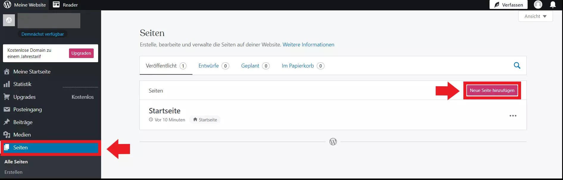 Das Menü „Seiten“ mit dem Button „Neue Seite hinzufügen“ im WordPress-Backend