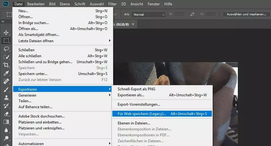 Photoshop-Hauptmenü: Bilder komprimieren mit „Für Web speichern“