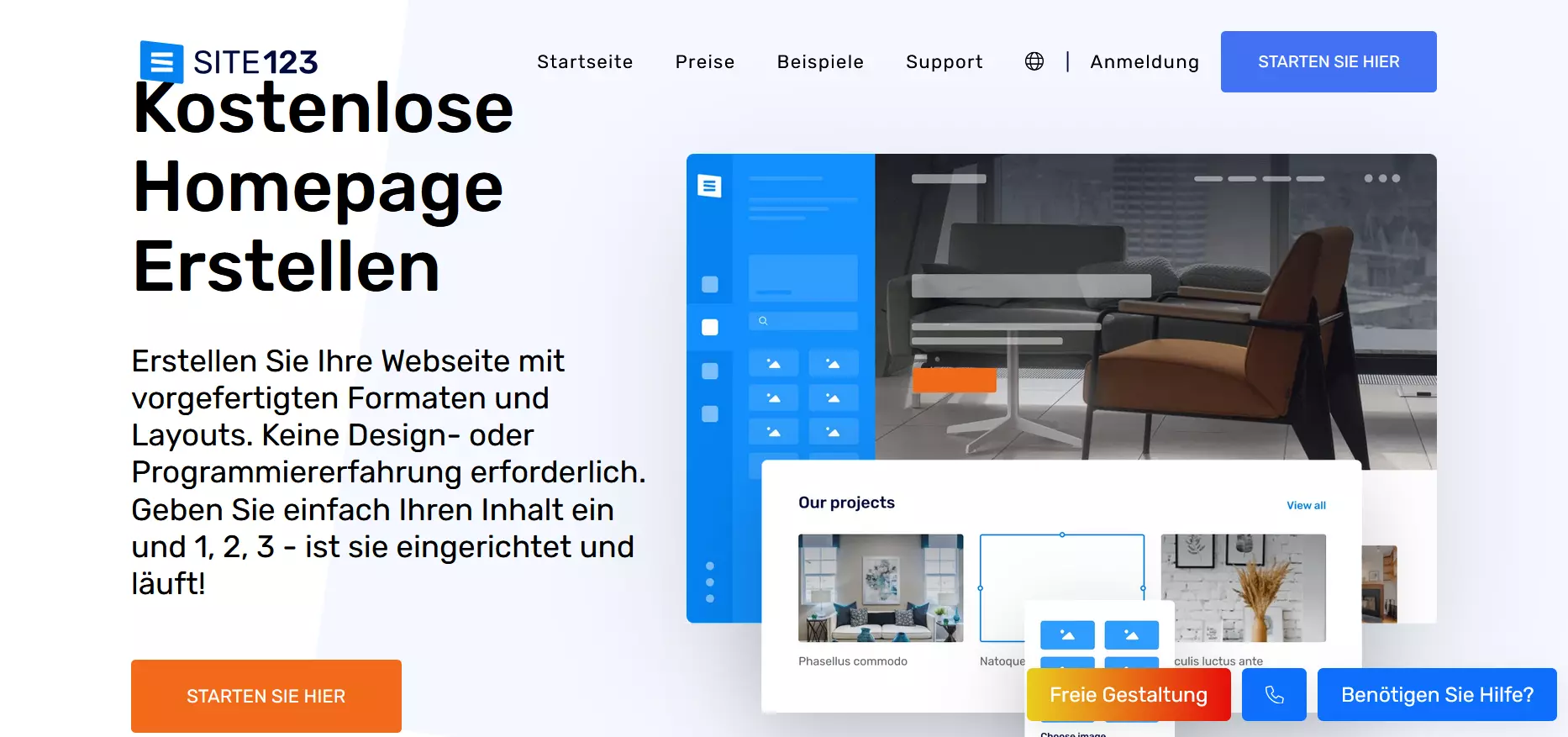 Landingpage des Site123 Homepage-Baukastens