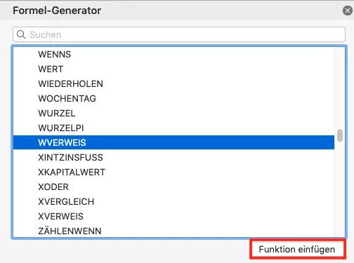 WVERWEIS-Funktion im Excel-Formel-Generator