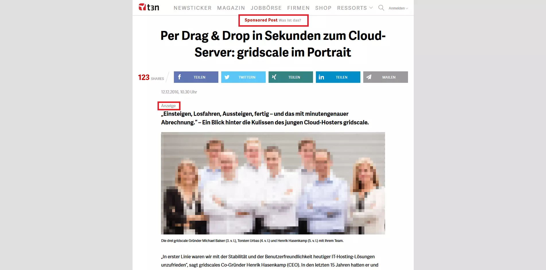 Screenshots eines Advertorials auf dem Online-Magazin t3n