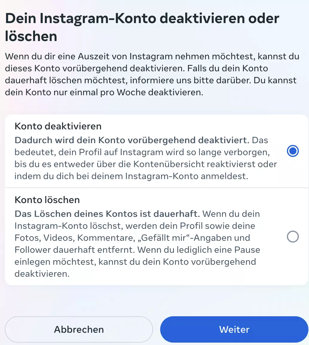 “Konto deaktivieren“ auswählen