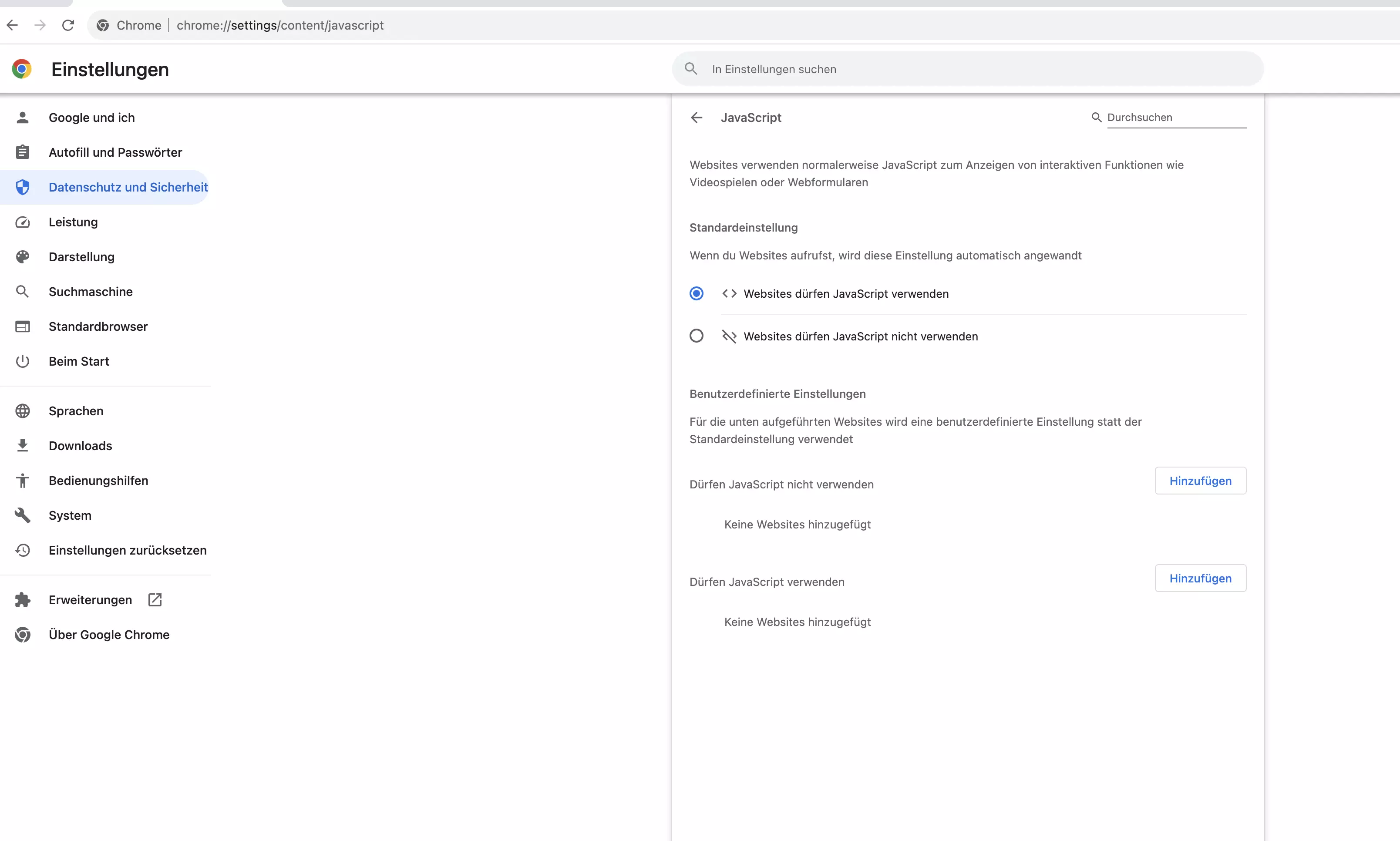 Screenshot der Datenschutz- und Sicherheitseinstellungen in Chrome