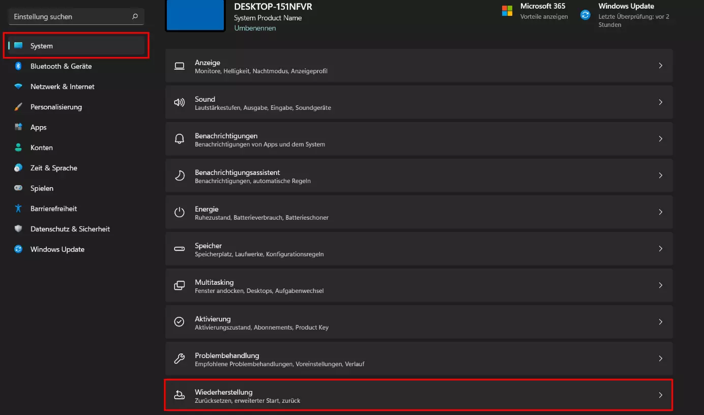 Menüpunkt „Wiederherstellung“ in den Windows-11-Einstellungen