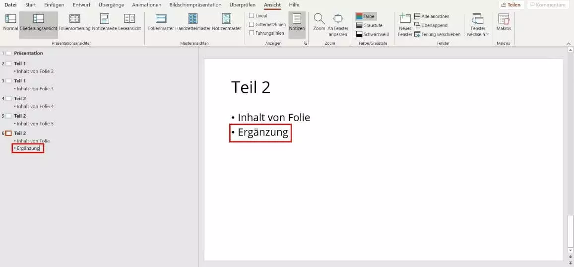 PowerPoint-Gliederungsansicht: Inhalte bearbeiten