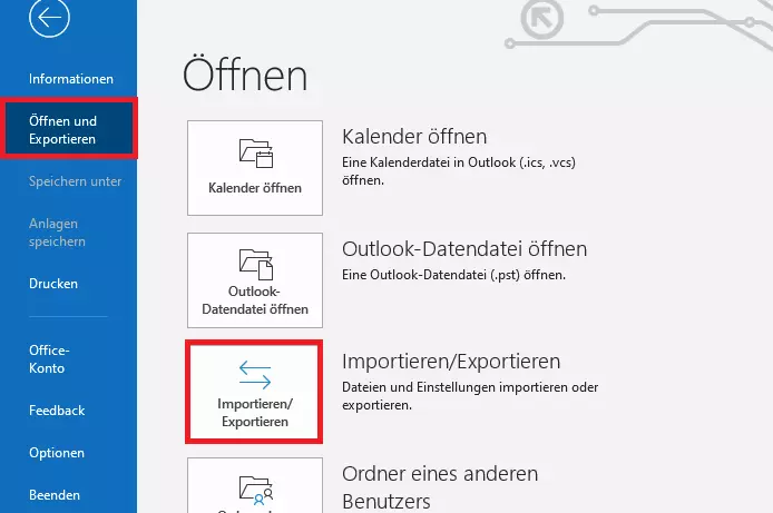 Outlook 365: Öffnen und exportieren