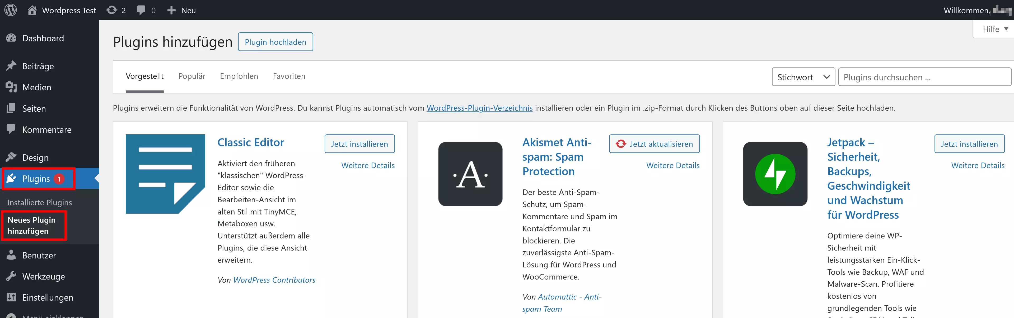 Backend-Bereich, um Plug-ins in WordPress hinzuzufügen