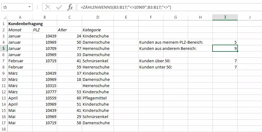 Screenshot einer Excel-Tabelle mit ZÄHLENWENNS-Funktion