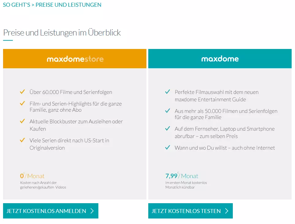 Übersicht der Preise und Leistungen von Maxdome