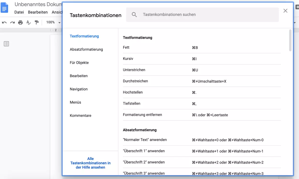 Tastenkombinationen von Google Docs