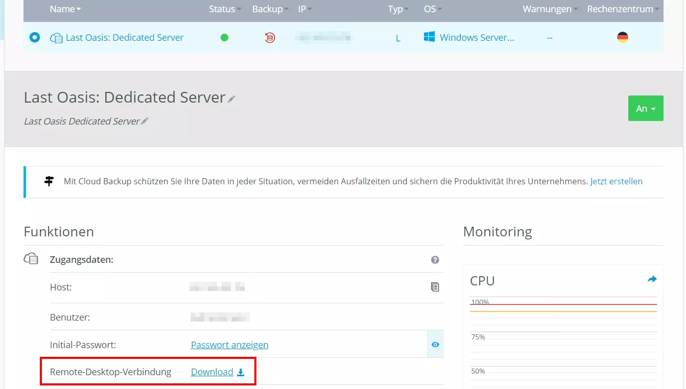 IONOS Cloud Panel: Download-Button „Remote-Desktop-Verbindung“