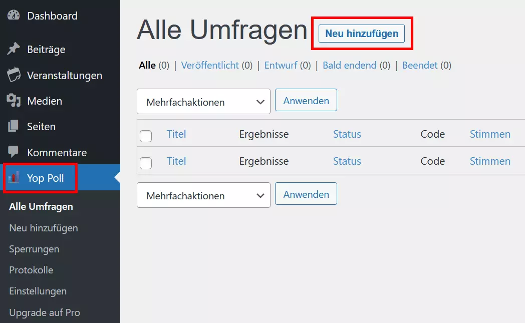 YOP Poll im WordPress Dashboard