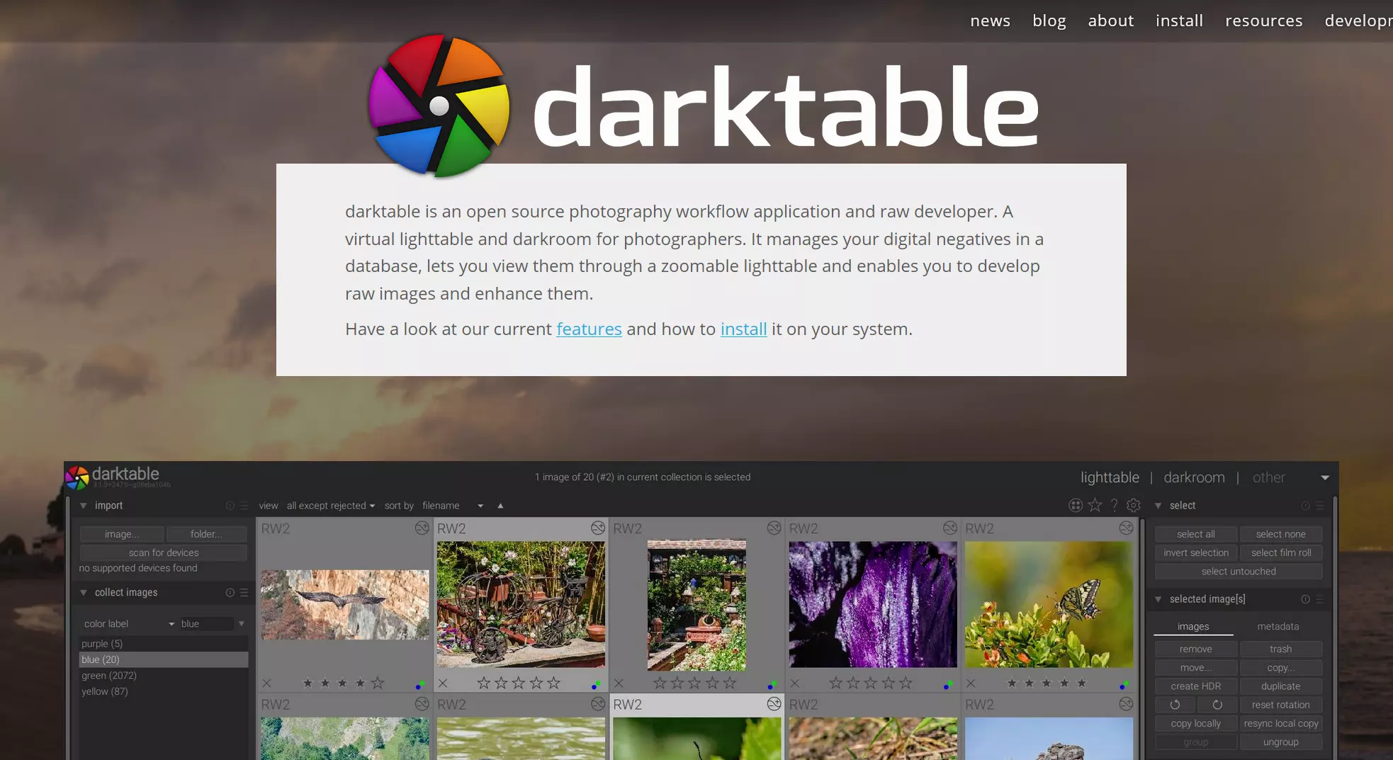 Screenshot von der darktable-Website