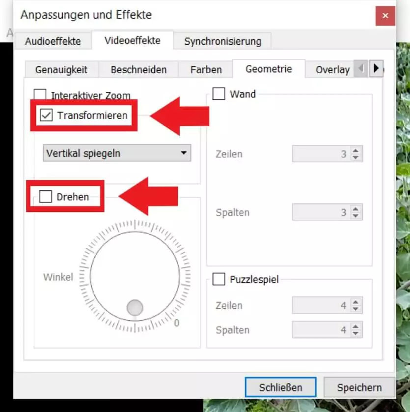 Setzen Sie je nach Bedarf einen Haken vor „Transformieren“ oder „Drehen“