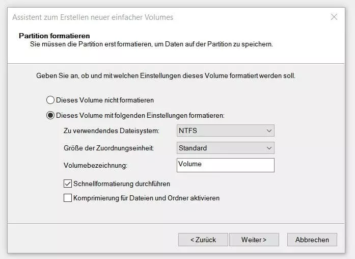 Windows 10: Partition formatieren im Assistenten