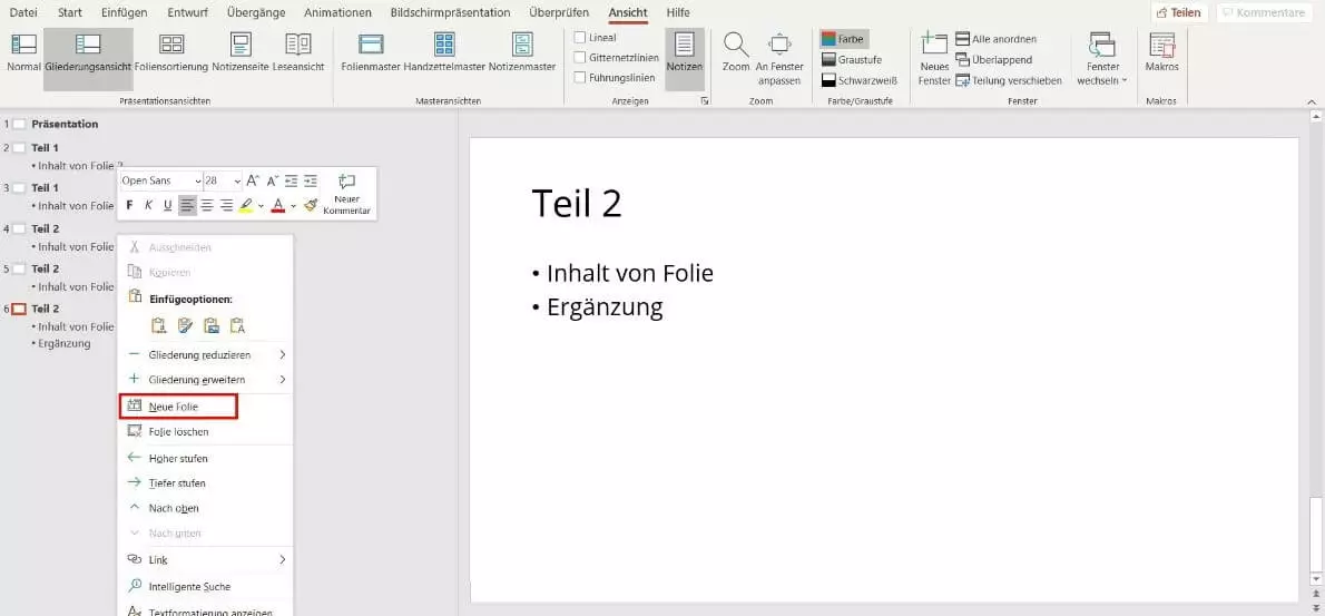 PowerPoint-Gliederungsansicht: Neue Folie einfügen