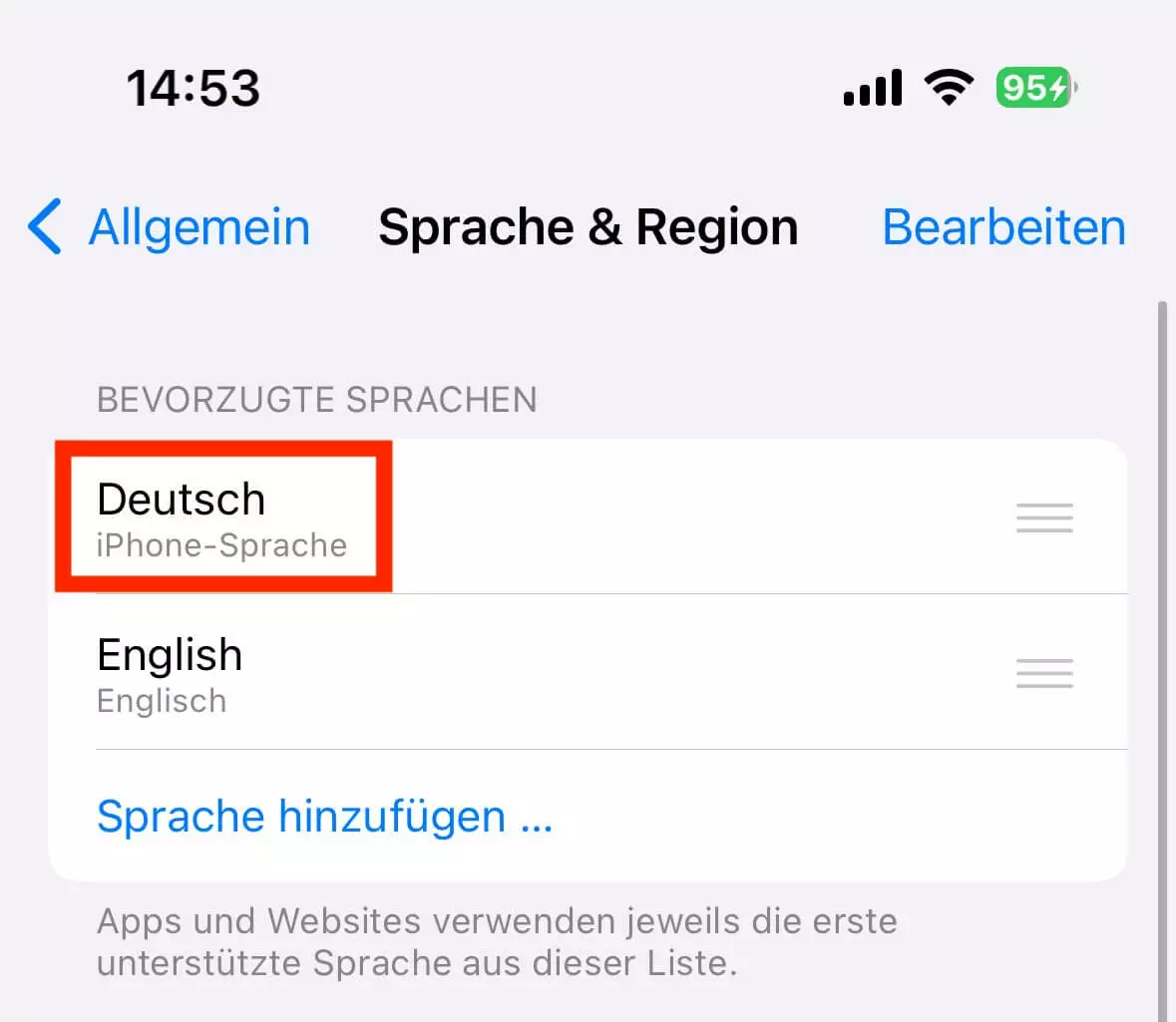 Screenshot der iPhone-Einstellungen „Sprache & Region“