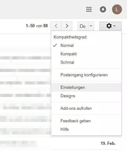 Screenshot des Einstellungs-Drop-down-Menüs in Gmail