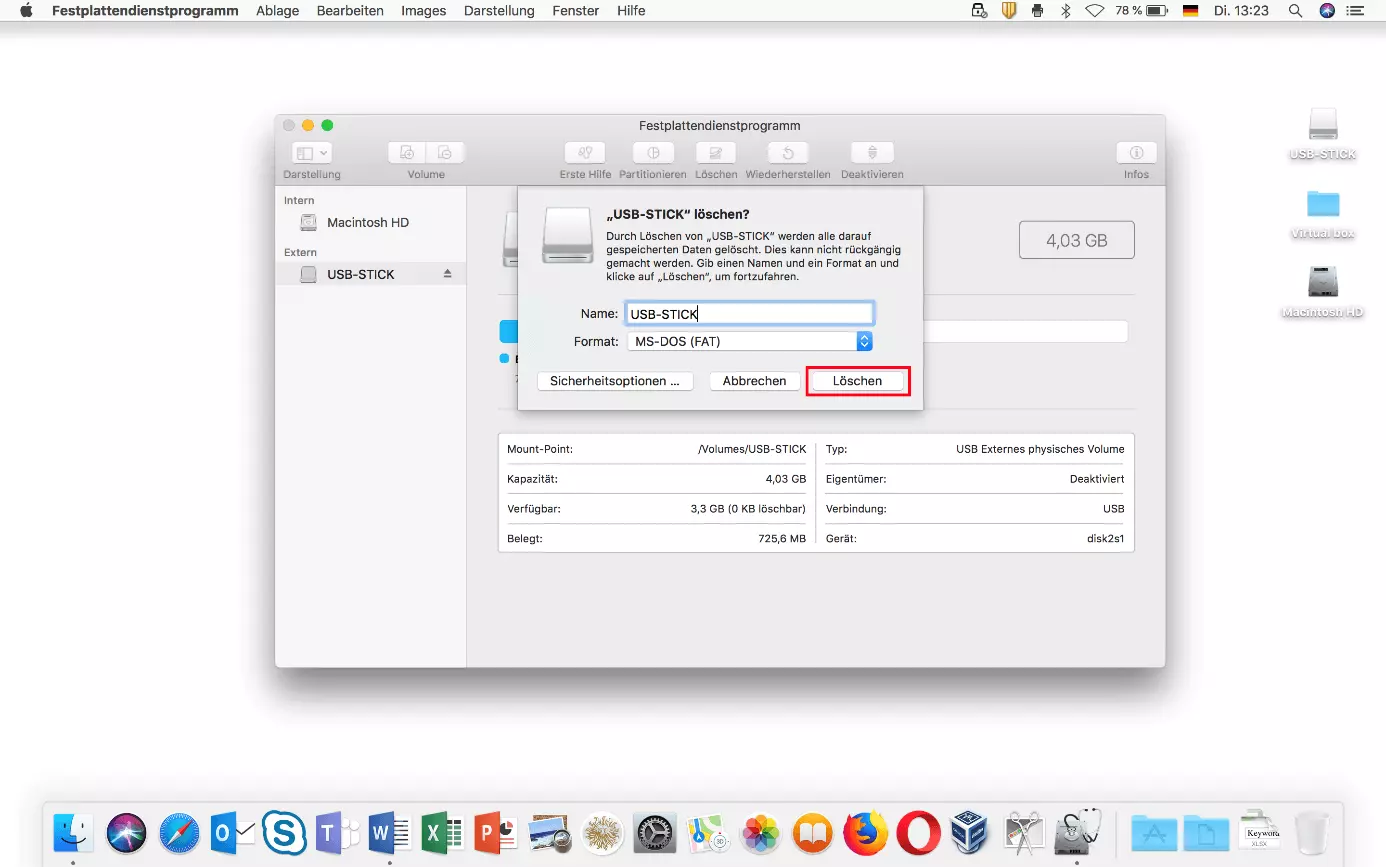 USB formatieren am Mac: „Löschen“-Dialog