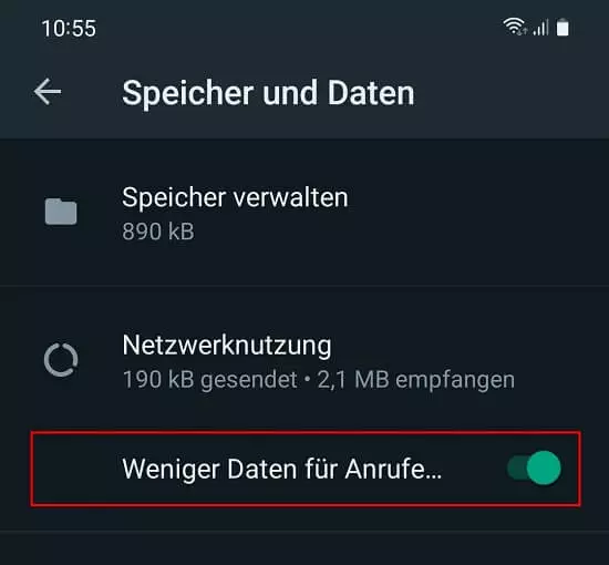 WhatsApp: Regler „Weniger Daten für Anrufe verwenden“ in „Speicher und Daten“ nach rechts verschieben