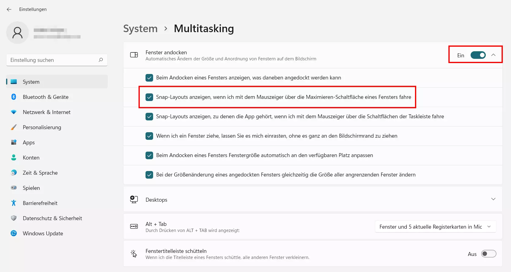 Windows 11: Snap Assist im „Multitasking“-Menü