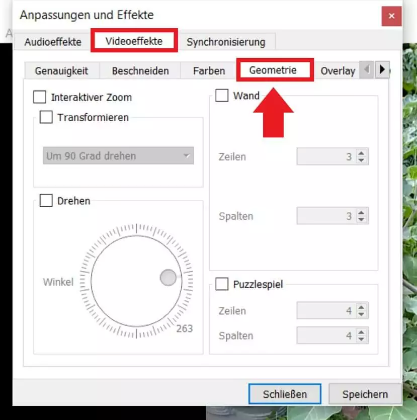 Gehen Sie auf „Videoeffekte“ und auf „Geometrie“