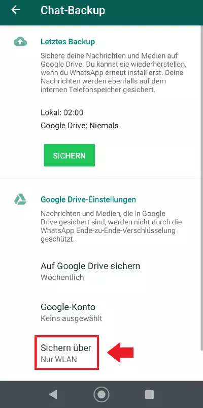 WhatsApp-Chat-Backup-Menü mit „Sichern über“ (Netzwerktyp) 