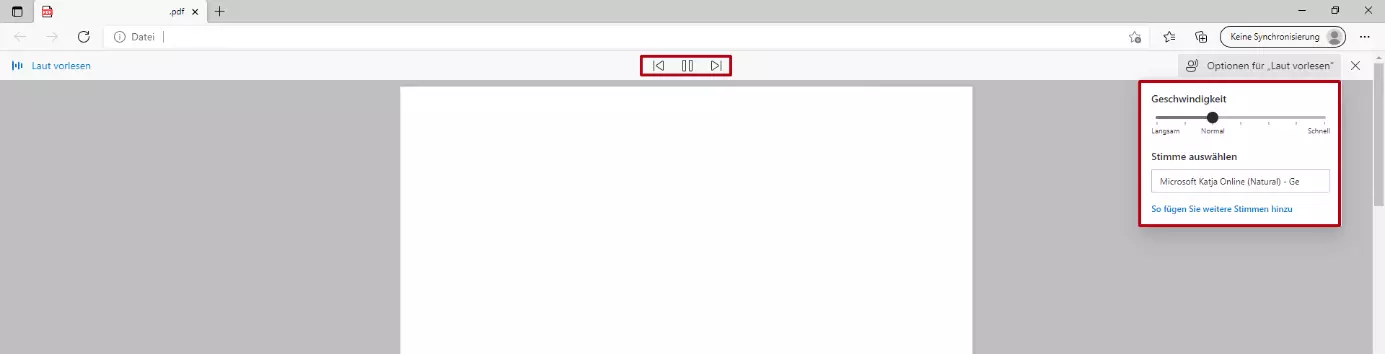 Optionen beim Vorlesen einer PDF-Datei in Edge