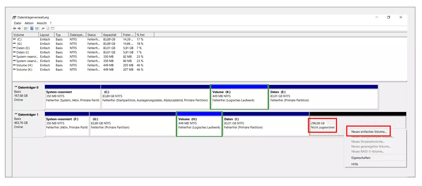 Windows 10 Datenträgerverwaltung: Fenster zur Anlage einfacher Volumes