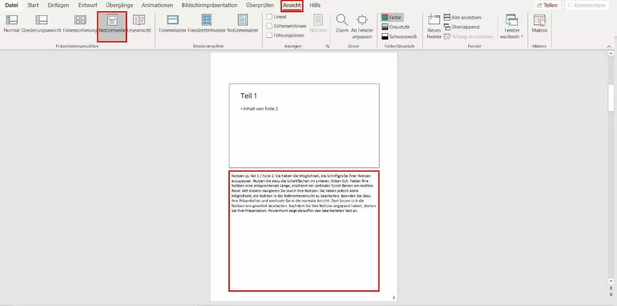 PowerPoint-Notizenseite: Einfügen von PowerPoint-Notizen