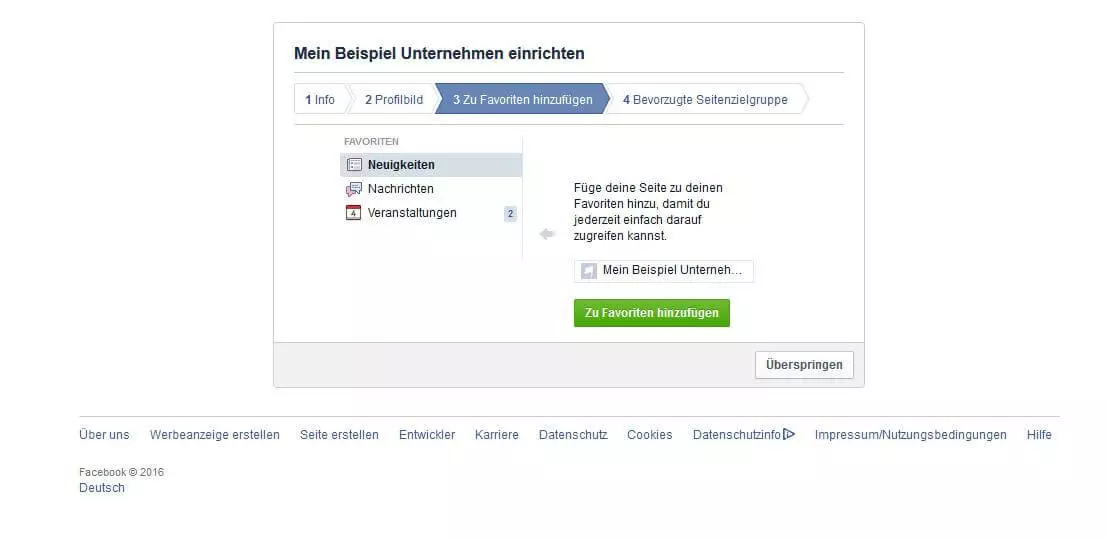 Fanpage einrichten: Zu Favoriten hinzufügen