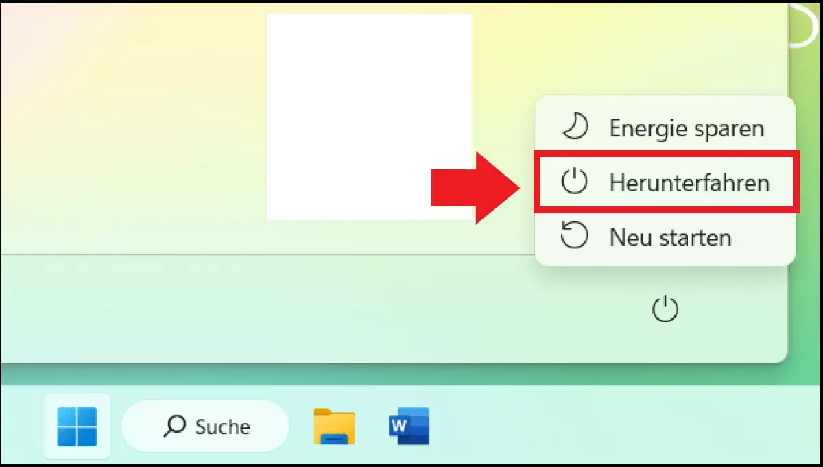 Der Befehl „Herunterfahren“ im „Power“-Menü von Windows