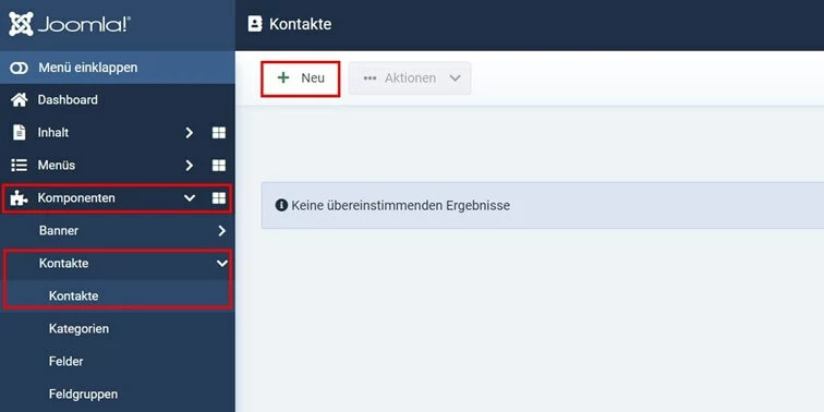 Joomla-Backend: „Kontakte“-Menü