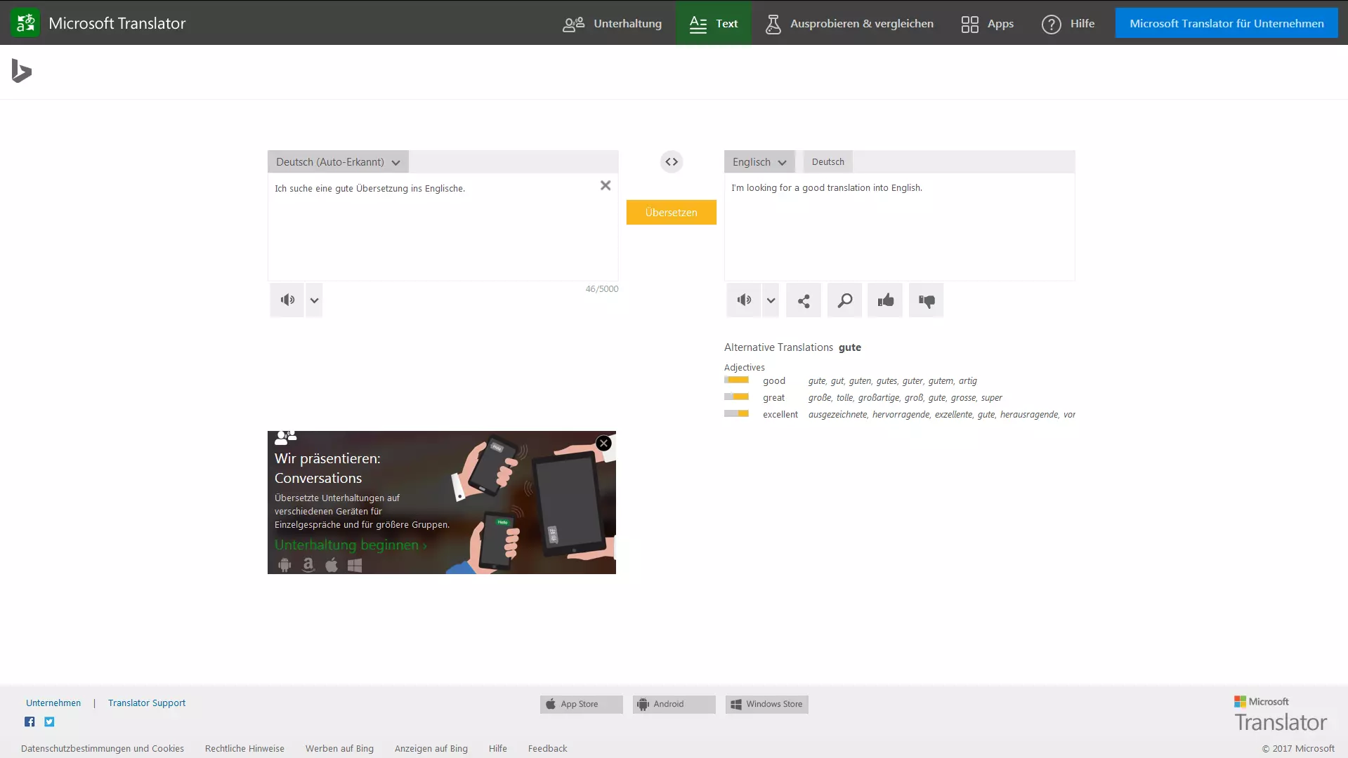 Microsoft Translator-Tool für Übersetzungen von Begriffen und ganzen Sätzen