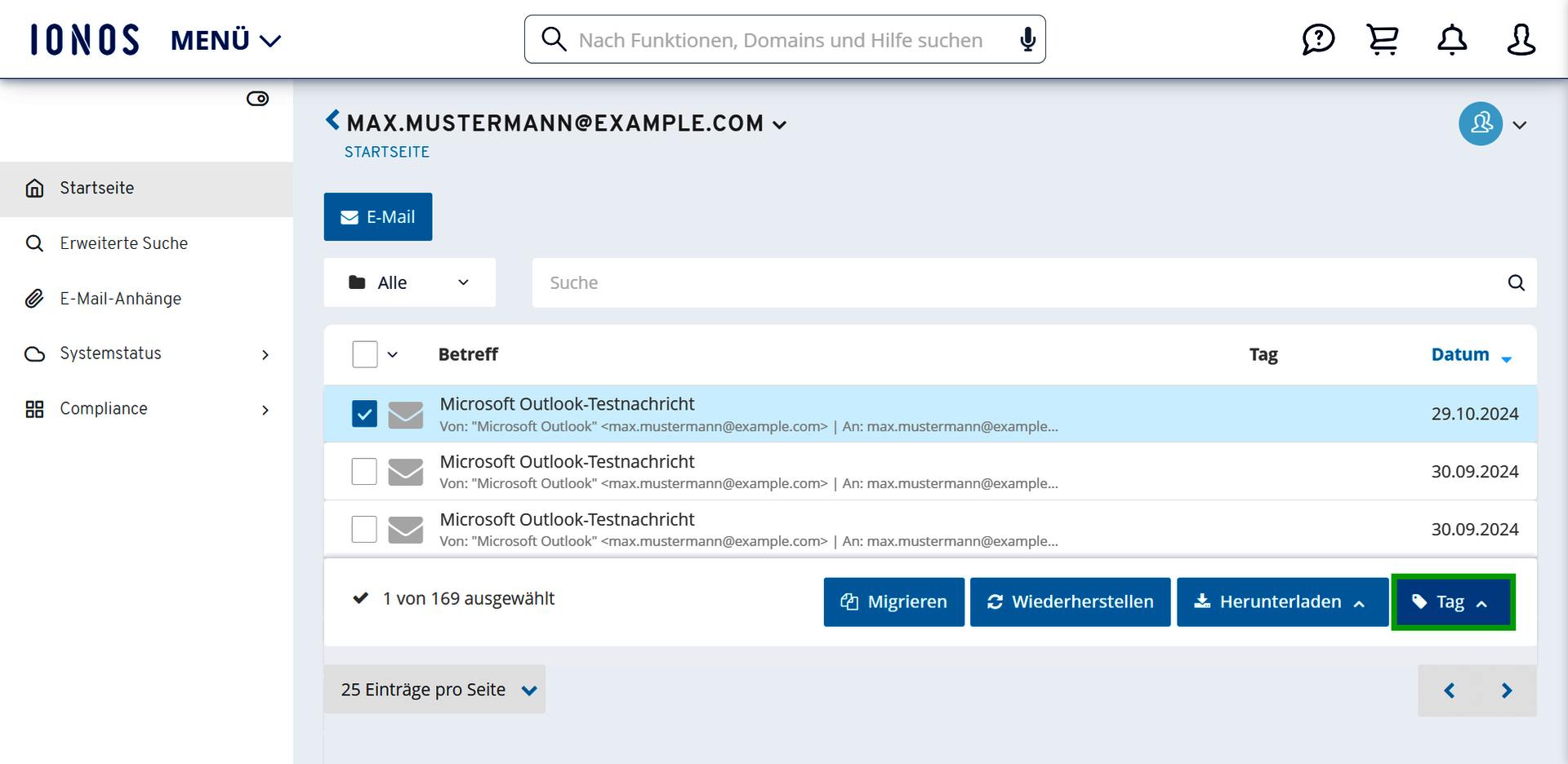 Screenshot: Die Liste mit den E-Mails wird angezeigt, die einen Tag erhalten sollen.