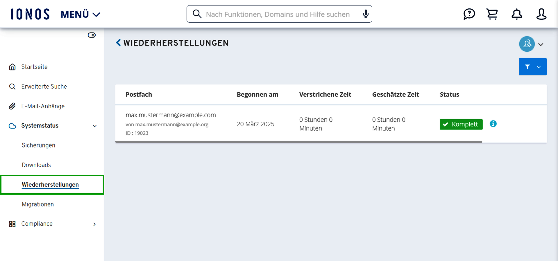 Screenshot: In der Navigationsleiste links wird der Systemstatus Wiederherstellungen angezeigt.