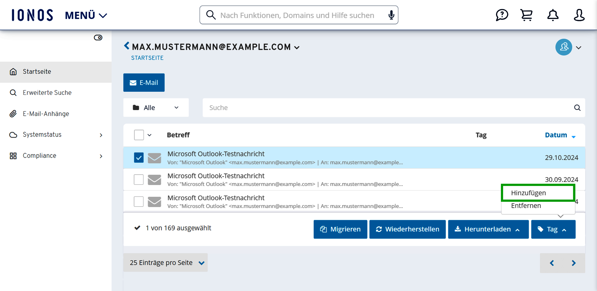 Screenshot: Eine Leiste mit denen mehreren Schaltflächen wird angezeigt. In dieser Liste ist die Schaltfläche Hinzufügen hervorgehoben.