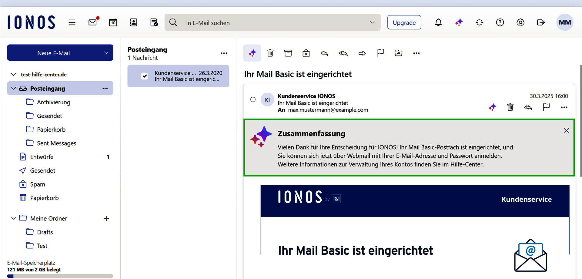 Screenshot: In der E-Mail-Vorschau wird die Zusammenfassung des ursprünglichen E-Mail-Textes angezeigt.