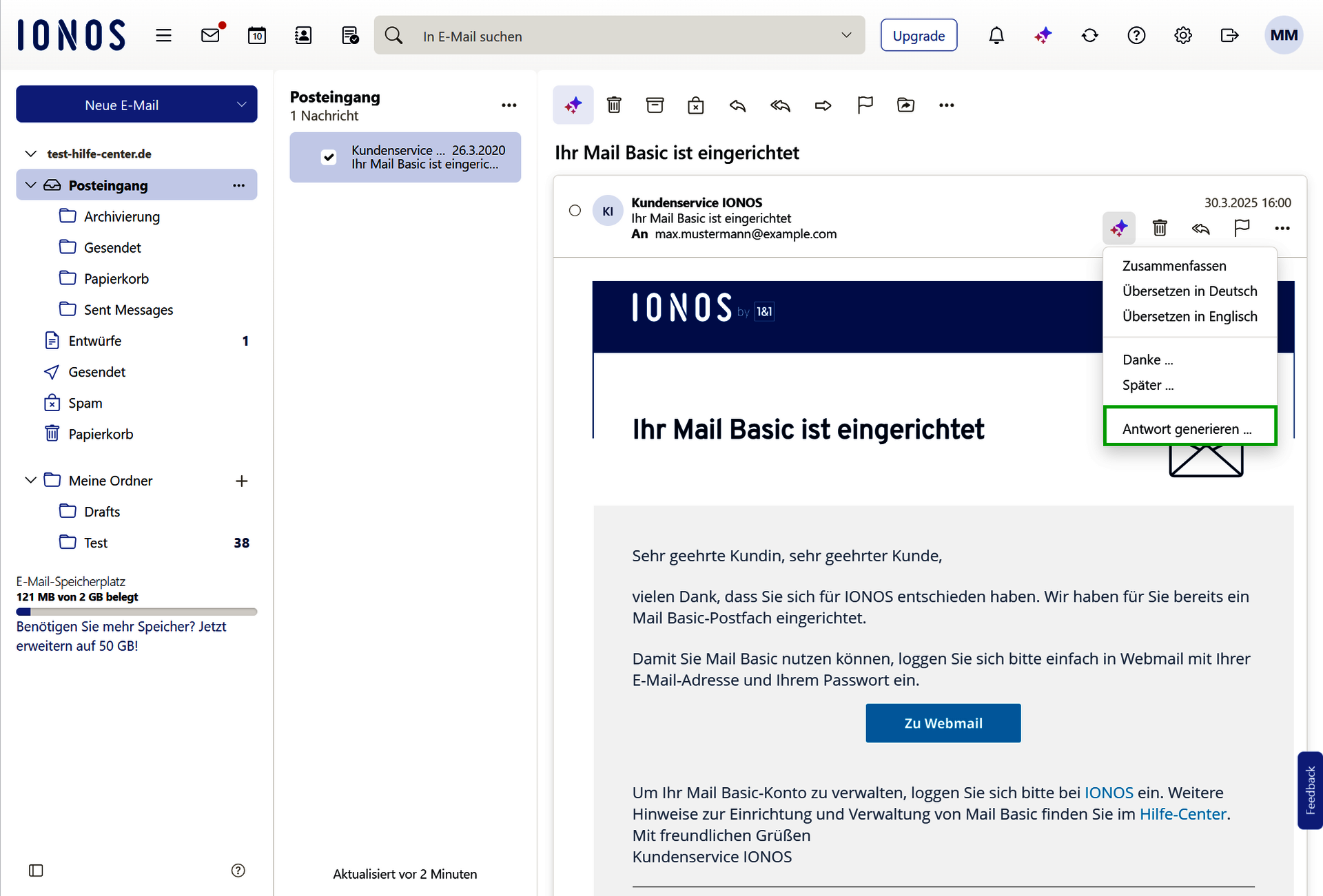 Screenshot: Der Antwort generieren… ist in der E-Mail-Symbolleiste von Webmail hervorgehoben.