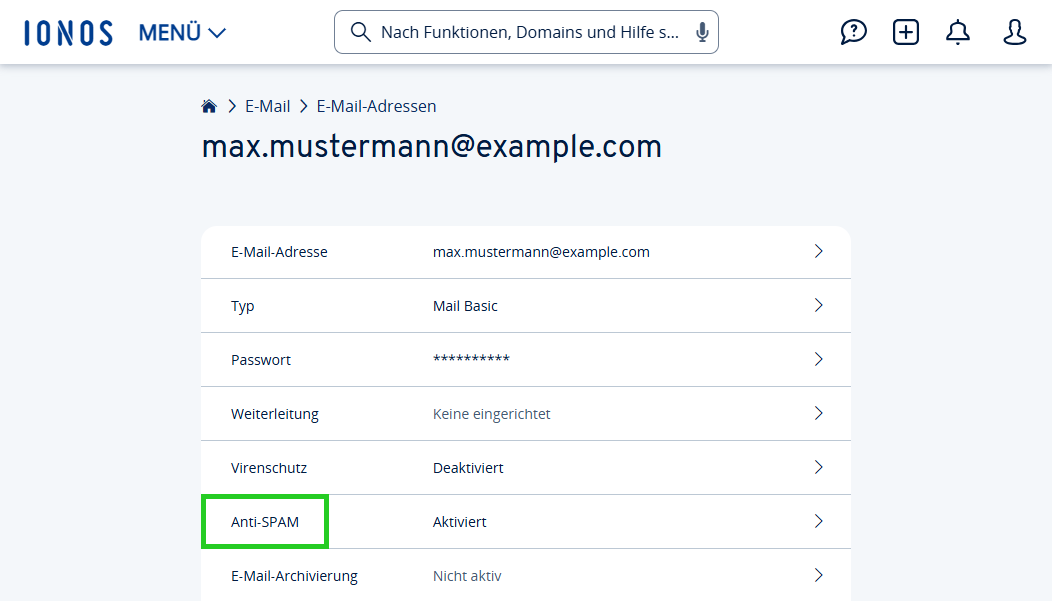 Screenshot der Einstellungen der E-Mail-Adresse. In den Einstellungen ist die Schaltfläche Anti-SPAM hervorgehoben.