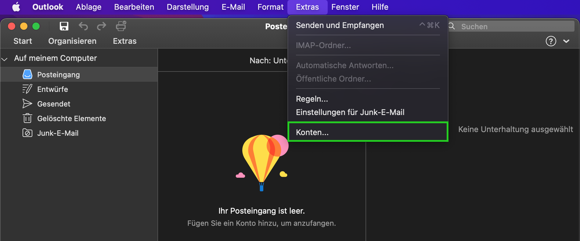 Screenshot: Die obere Menüleiste von Outlook wird angezeigt. Im Menü Extras ist der Menüpunkt Konten... hervorgehoben.