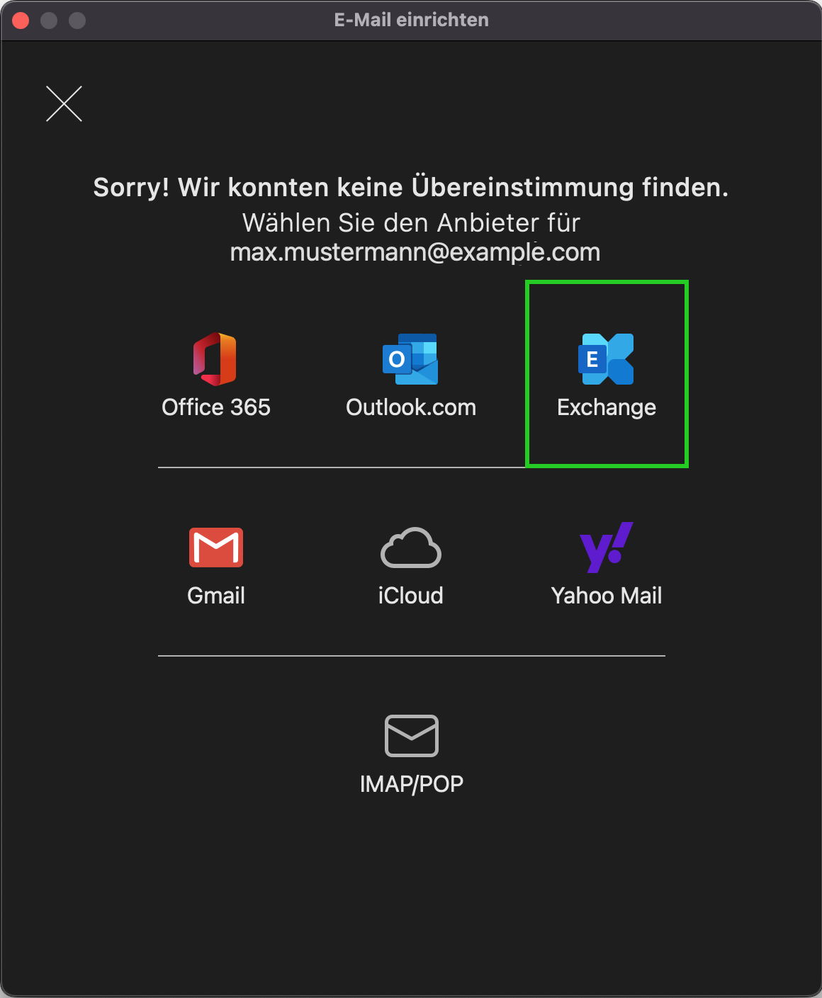Ein Fenster mit dem folgenden Text wird angezeigt: Sorry! Wir konnten keine Übereinstimmung finden. In diesem Fenster ist die Schaltfläche Exchange hervorgehoben.