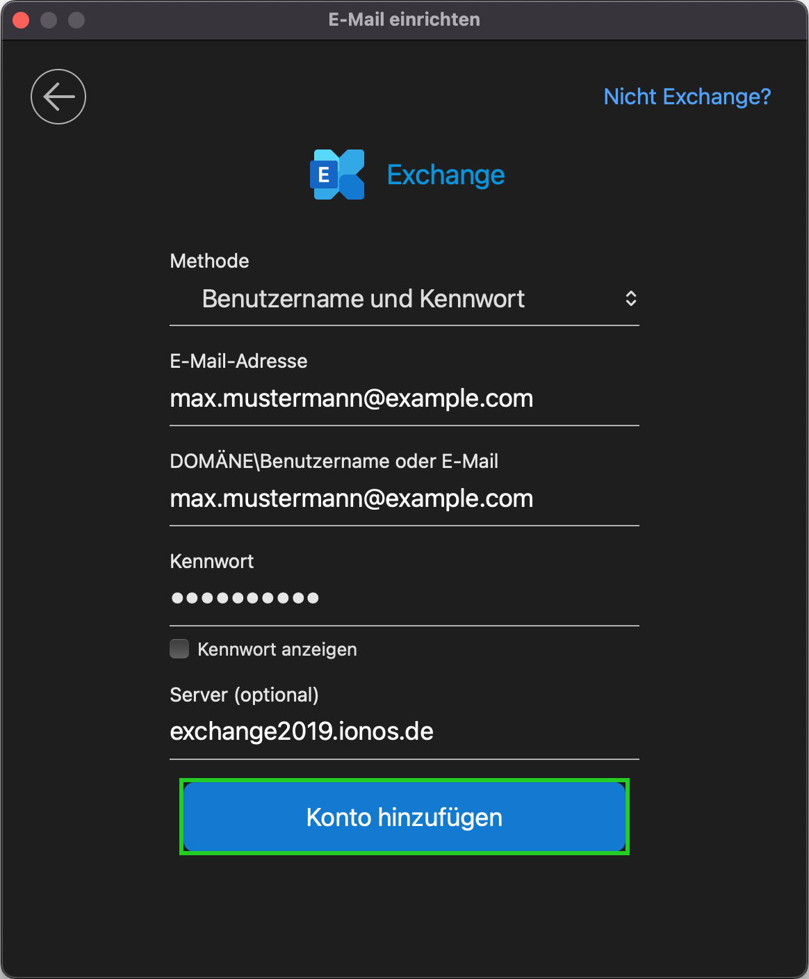 Screenshot: Das Fenster Exchange wird angezeigt. In diesem Fenster die die Schaltfläche Konto hinzufügen hervorgehoben.