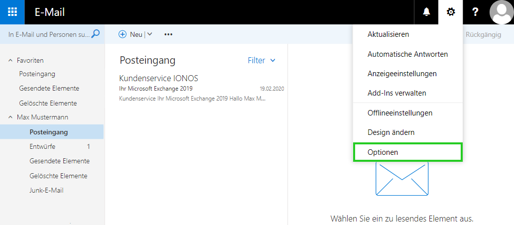 Screenshot: Die Menüleiste in der Outlook Web App wird angezeigt. In diesem Fenster ist die Schaltfläche Optionen in den Einstellungen hervorgehoben.
