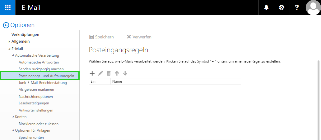 Screenshot: Der Bereich E-Mail > Posteingangs- und Aufräumregeln in den Optionen der Outlook Web App wird angezeigt. Der Menüpunkt Posteingangs- und Aufräumregeln ist hervorgehoben.