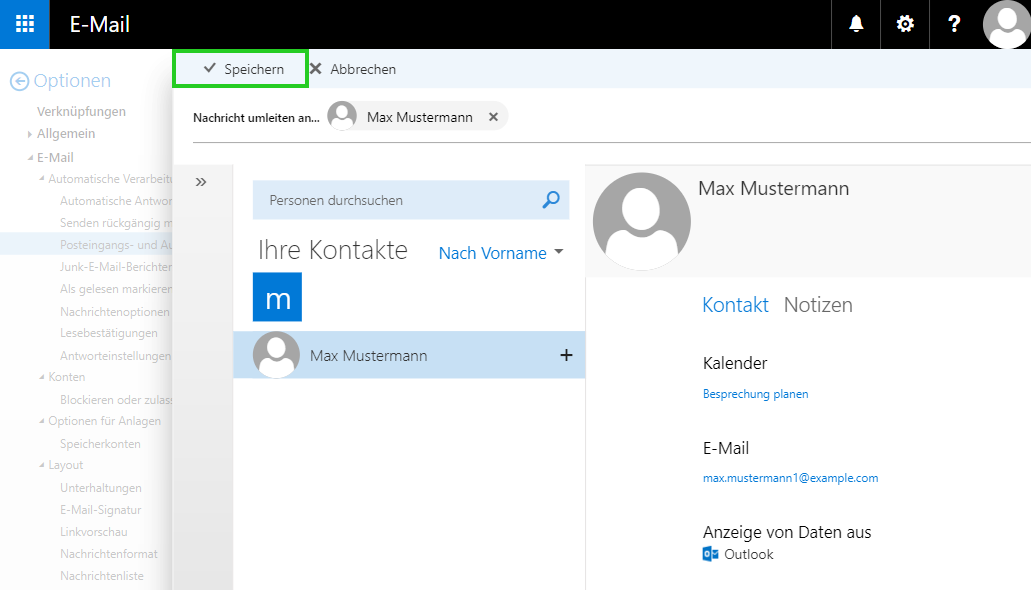 Screenshot: Das Fenster Nachricht umleiten an... wird angezeigt. Die Schaltfläche Speichern ist hervorgehoben.