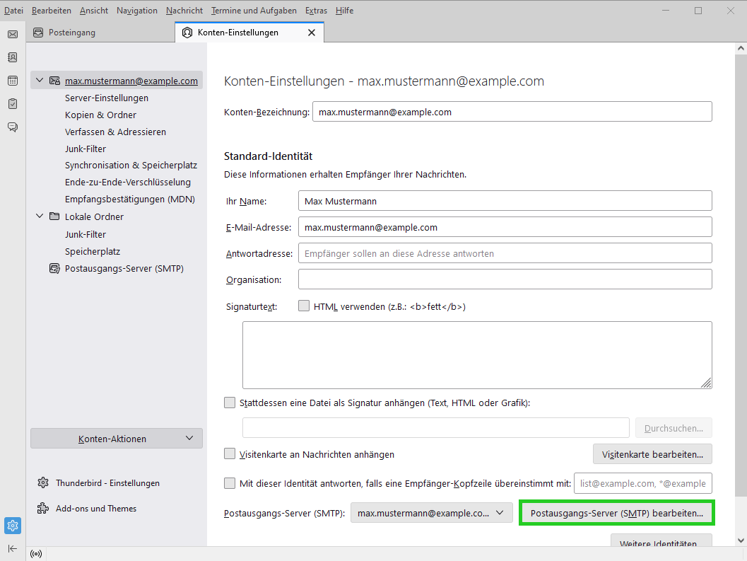 Screenshot: Der Tab Konten-Einstellungen wird angezeigt. In diesem Tab ist die Schaltfläche Postausgangs-Server (SMTP) bearbeiten… hervorgehoben.