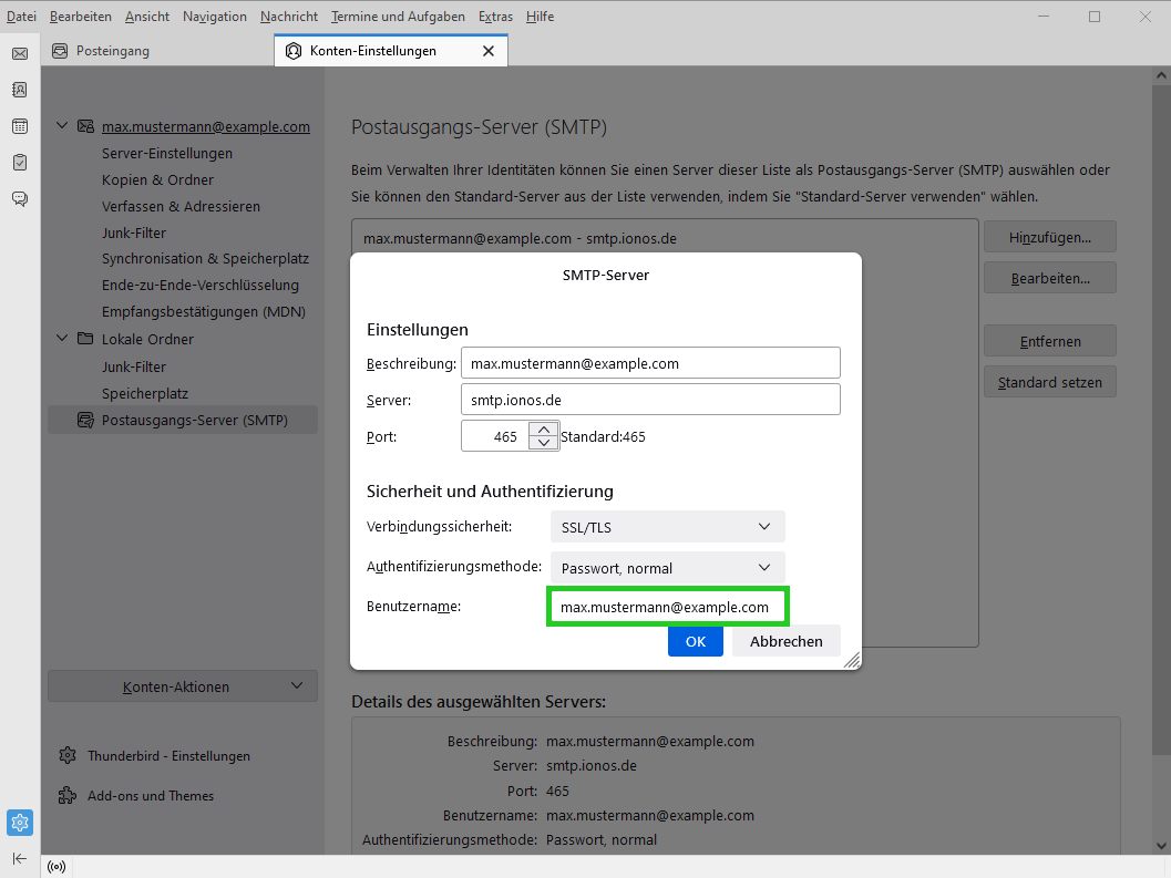 Screenshot: Das Fenster SMTP-Server wird angezeigt. In diesem Fenster ist das Feld Benutzername hervorgehoben.